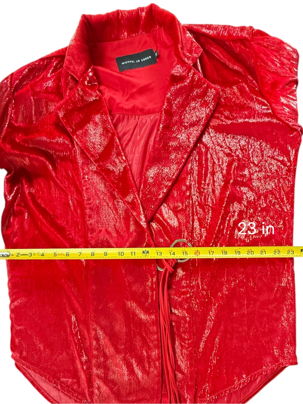 Michael Lo Sordo Women Blazer Size 10 Red Metallic Silk Blend Belted Wrap Top — image 8 of 8